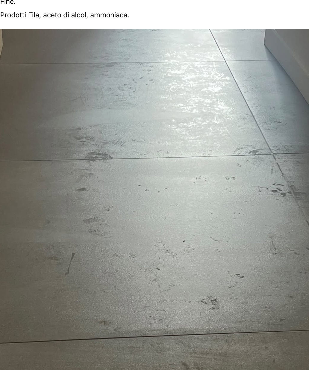 Ho usato di tutto. Questa è la situazione da bagnato. Immaginate da asciugo aloni ovunque e impronta di piedi Fine. Prodotti Fila, aceto di alcol, ammoniaca.