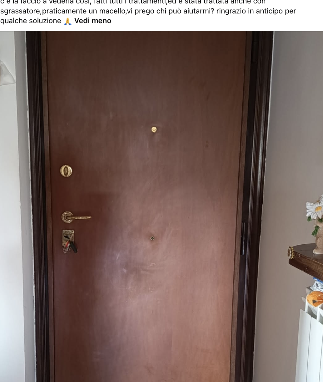 Buonasera, ho cambiato casa e ho trovato questa porta in queste condizioni, chi c'era prima mi ha detto che lei le lavava , ma io non ci credo, è stato passato olio paglierino, sapone di Marsiglia, cera d'api dei falegnami, senza successo, secondo me è stata tolta la pellicola che riveste il legno, premetto che tutte le porte sono in questo stato, volevo ricoprirla perché non c'è la faccio a vederla così, fatti tutti i trattamenti,ed è stata trattata anche con sgrassatore, praticamente un macello, vi prego chi può aiutarmi? ringrazio in anticipo per qualche soluzione d. Vedi meno