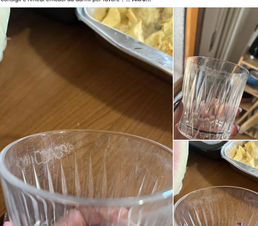 I miei bicchieri purtroppo hanno questo alone biancastro che non riesco a togliere... avete consigli e rimedi efficaci da darmi per favore ? …. Altro..