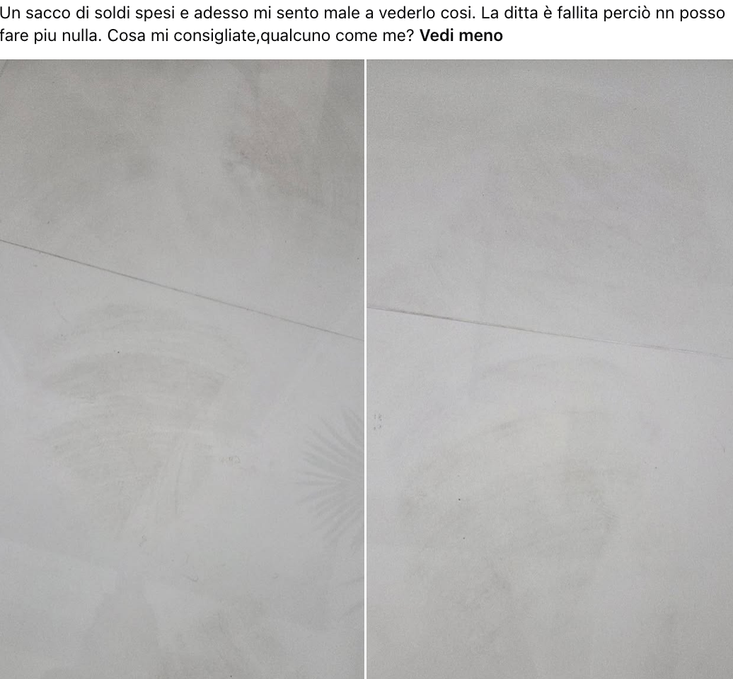 Salve a tutti.ho un pavimento gres porcellanato bianco lucido. Ho fatto fare la pulizia dopo cantiere e praticamente sono rimasti tutti i segni delle spazzole della lucidatrice. Ho.provato tutti i prodotti professionali. Da bagnato i segni circolari nn si vedono ma da asciutti ritornano. Un sacco di soldi spesi e adesso mi sento male a vederlo cosi. La ditta è fallita perciò nn posso fare piu nulla. Cosa mi consigliate, qualcuno come me? Vedi meno 3 11